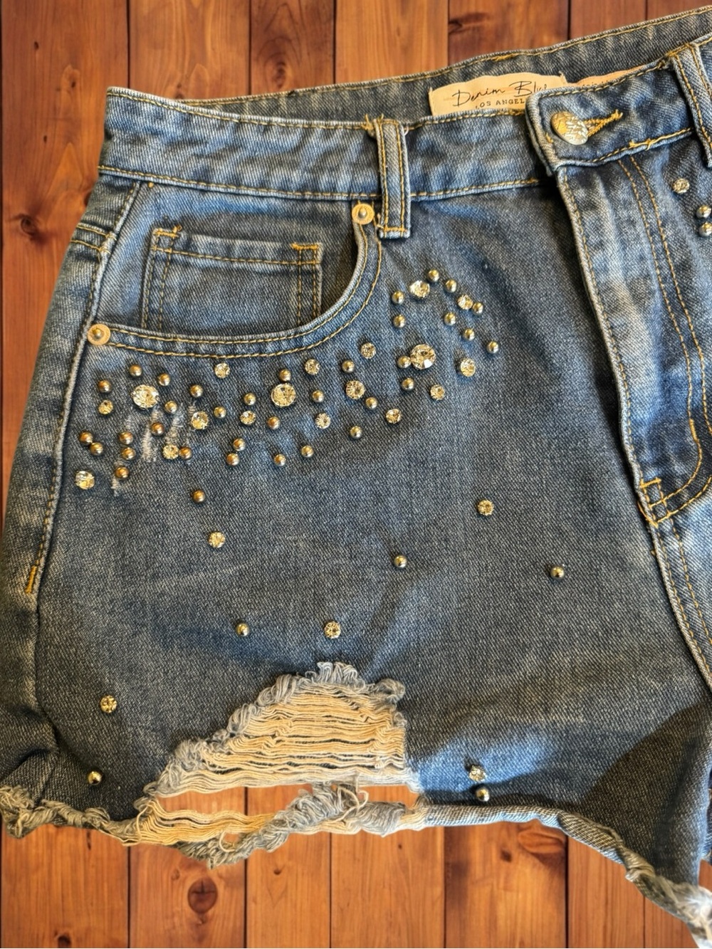 Denim Blvd Rhinestone Studded Embellished Distressed Festival Jean Shorts Medium - Picture 9 of 16